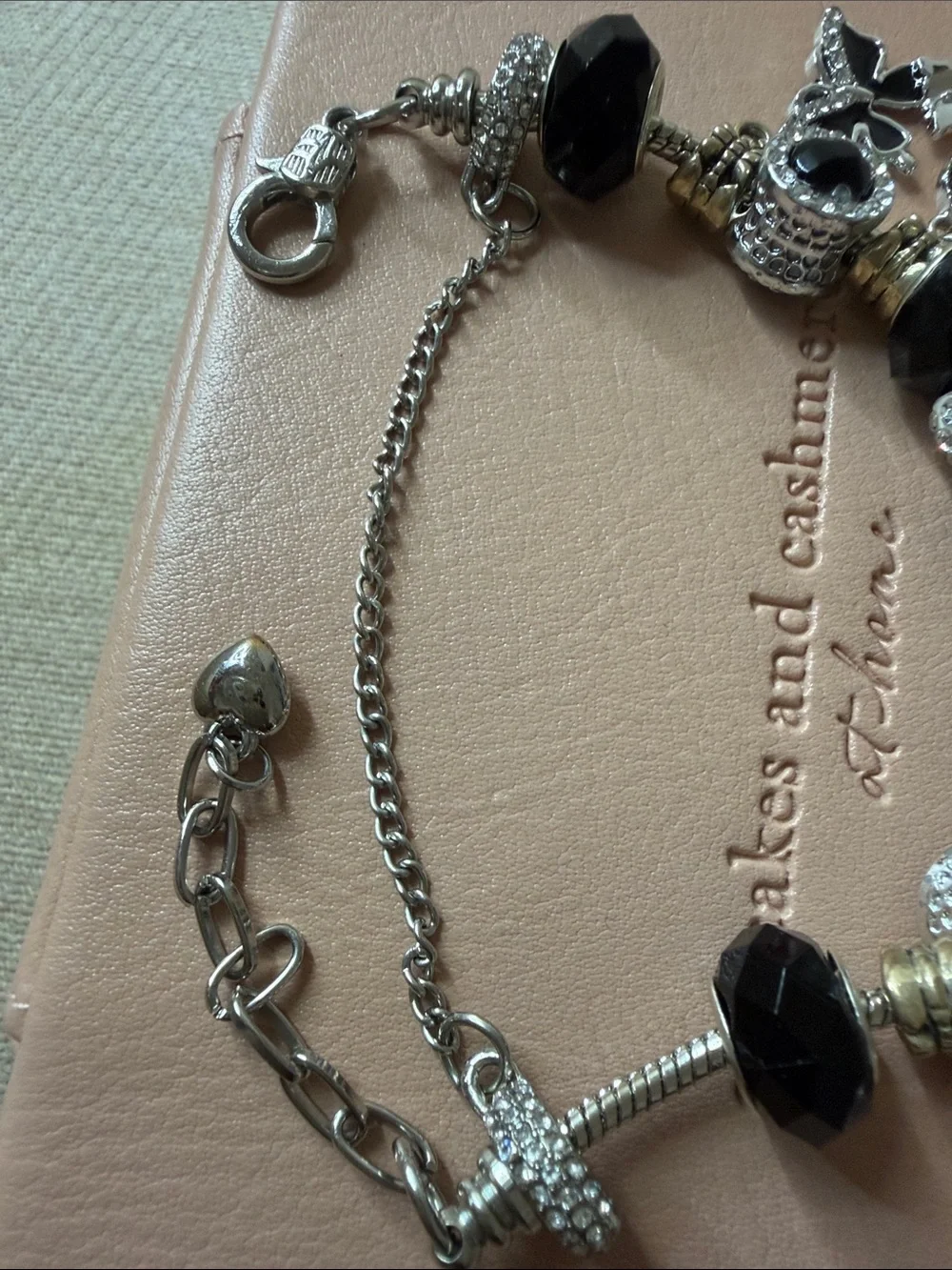 Stainless Silver-tone Black Bead Heart & Butterfly Charm Bracelet - Picture 5 of 10